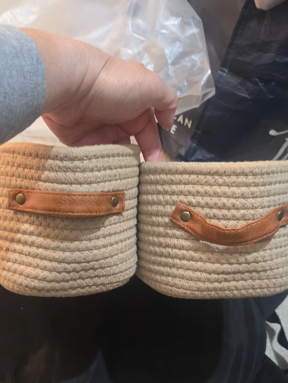 Woven Rope Storage Baskets with Leather Handles - Twin Set, Beige